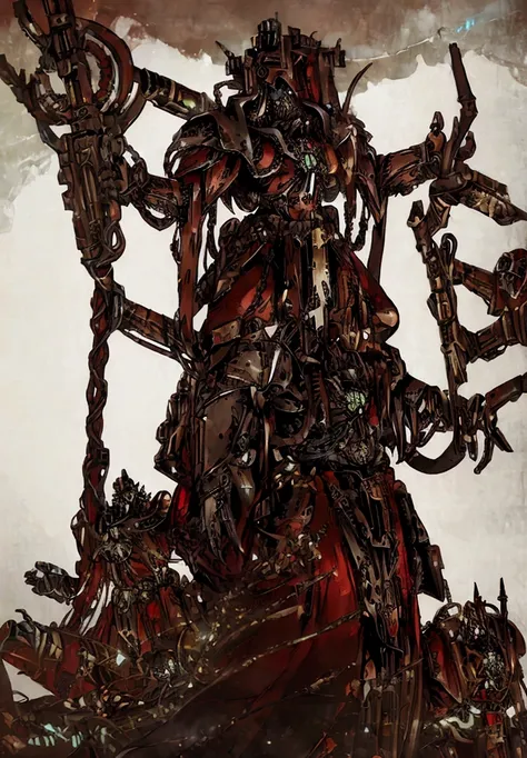 make a character for my rpg game, adeptus mechanicus, imposing pose, wearing armor, he is holding a book, detailed outfit, holdi...