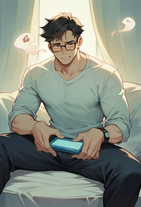 A man wearing glasses sits and plays a ghost game holding a joystick. A ghost behind him screams loudly. 4K