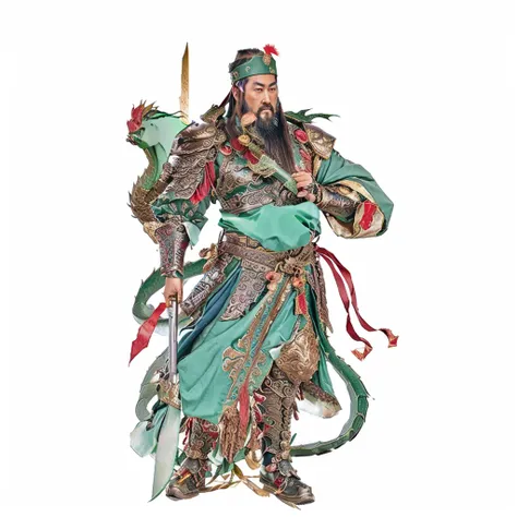 guan yu， guan yu, ancient chinese warrior, male deity, taoist priest, deity ribbon, holding green dragon crescent blade (green d...