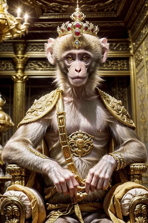 A majestic monkey king sitting on an opulent emperors throne. The monkey is adorned with royal garments and a golden crown, exuding an aura of nobility and power. The throne is intricately designed with precious stones and gold, reflecting the grandeur of ...