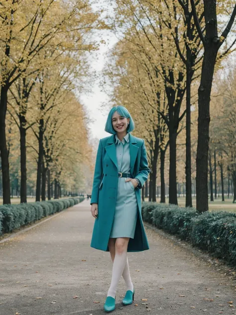 her name is Amelie, high quality, 1girl, ((25-year-old fit Caucasian woman)), ((25 years old)), ((BODY TYPE: HOURGLASS)), ((Teal COLORED Hair)), smiling, pose: standing, wearing Well-dressed ULTRA MODERN Generation-Z modern wear WHITE colored, BACKGROUND: ...