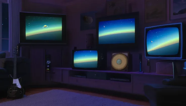 multiple TVs( Different times); Ukulele (Planet Venus, Marte, Pluto, saturn in the background)