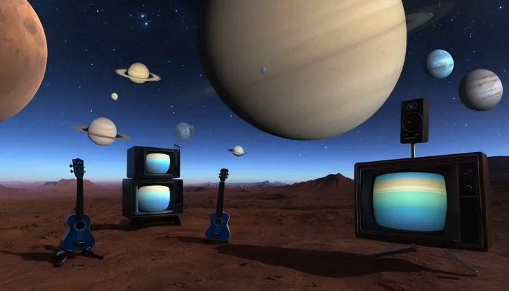 multiple TVs( Different times); Ukulele (Planet Venus, Marte, Pluto, saturn in the background)