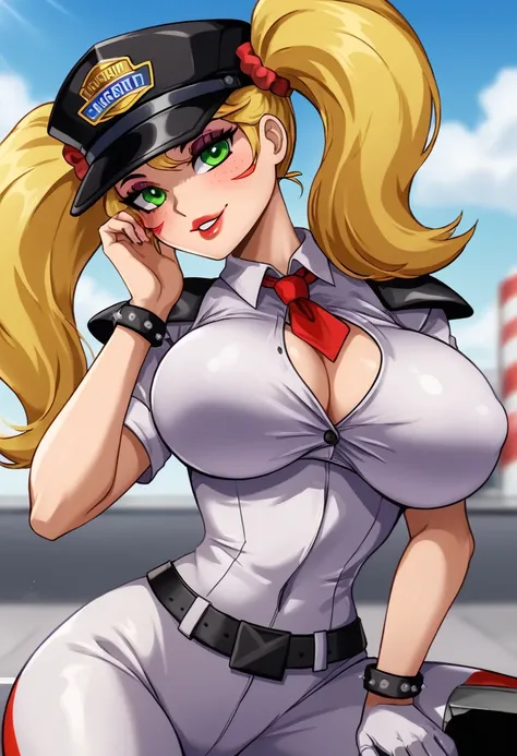 Vanessa from fnaf, Blond girl, green eyes, security guard, very sexy. Colored commercial center background. Masterpiece, UHD