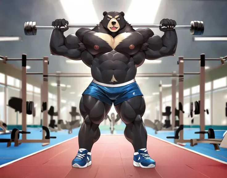 Black Bear，Gym Shorts,    personification，Strong Man，Bodybuilder。