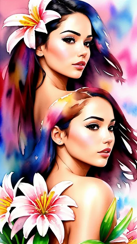 (Adult Latina model Daisy Marie), wtrcolor style, digital art (Lilies), official art, blown by the wind, masterpiece, beautiful, ((watercolor)), paint splash, intricate details. great detail, [drip:0.5], trends on Artstation, Rachel Walker