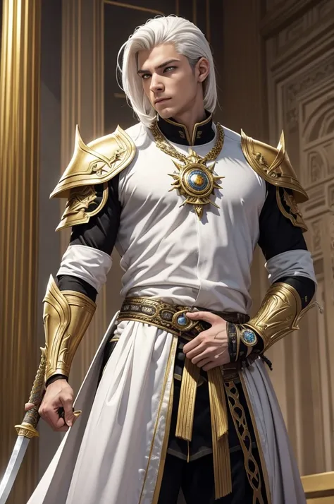 A man in his 20s with gold eyes. He is wearing adventurer armor that is white with gold accents. His weapon is a katana that has gold energy flowing from it. The setting is a marble throne room with multiple thrones in it. He has white hair with gold accen...