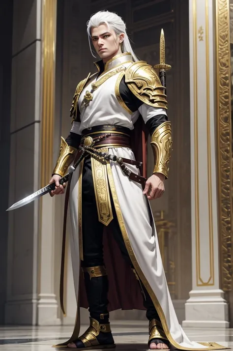 A man in his 20s with gold eyes. He is wearing adventurer armor that is white with gold accents. His weapon is a katana that has gold energy flowing from it. The setting is a marble throne room with multiple thrones in it. He has white hair with gold accen...