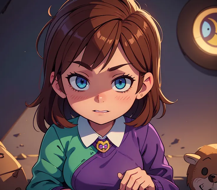 a girl with brown hair, green eyes, wearing purple clothes, with a Freddy Fazbear badge, sitting on a mans lap, the man wearing the same uniform, with blue eyes and brown hair, in the Five Nights at Freddys office, detailed face, highly detailed, 8k, maste...