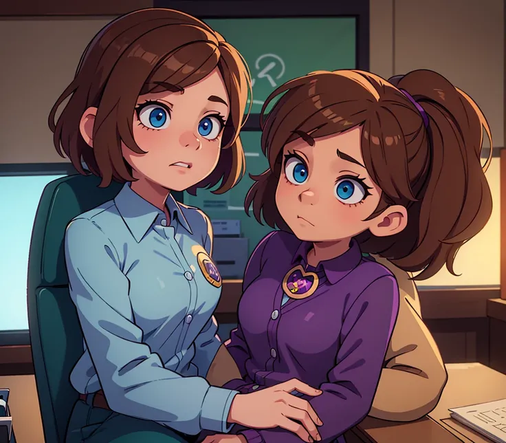 a girl with brown hair, green eyes, wearing purple clothes, with a Freddy Fazbear badge, sitting on a mans lap, the man wearing the same uniform, with blue eyes and brown hair, in the Five Nights at Freddys office, detailed face, highly detailed, 8k, maste...