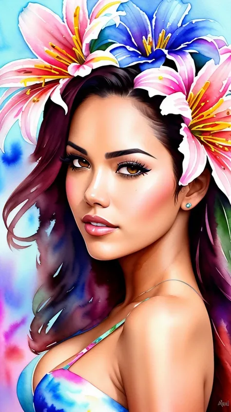 (Adult Latina model Daisy Marie), wtrcolor style, digital art (Lilies), official art, blown by the wind, masterpiece, beautiful, ((watercolor)), paint splash, intricate details. great detail, [drip:0.5], trends on Artstation, Rachel Walker