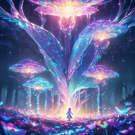 Enchanted mystical forest, neon-colored butterflies, pure blue water river spring, golden mini fairies, glowing mushrooms releasing pollen, extremely beautiful landscape, (ultra-realistic), {extremely detailed 8k CG unit wallpaper}, expansive landscape pho...