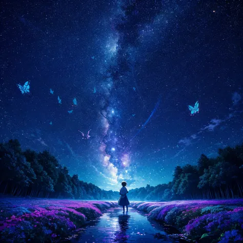 Cute girl characters、Describes a scene of leafy butterflies flying around on the water, Looking up at the starry sky. Surround her with colorful nebulae and colorful forests. 