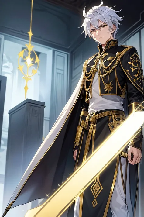 A man in his 20s with gold eyes. He is wearing adventurer armor that is white with gold accents. His weapon is a katana that has gold energy flowing from it. The setting is a marble throne room with multiple thrones in it. He has white hair with gold accen...