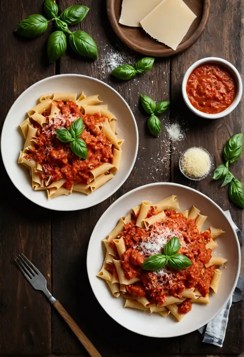 masterpiece, best quality, cinematic photo of Exquisite, Italian Cuisine, Gourmet Pasta, Tomato Basil Sauce, Parmesan, Rustic Wooden Table, High Resolution, photograph, film, highres