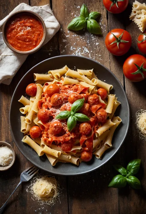 masterpiece, best quality, cinematic photo of Exquisite, Italian Cuisine, Gourmet Pasta, Tomato Basil Sauce, Parmesan, Rustic Wooden Table, High Resolution, photograph, film, highres