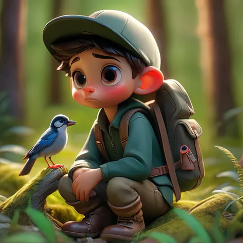 Boy looking at the forest curiously with a backpack on his back and a bird on the ground, (Masterpiece artwork: 2.1) (realisitic: 1.2) (bokeh) (best qualityer) (skin detailed: 1.3) (details Intricate) (8k) (Detail eyes) (sharp focus) 2.1