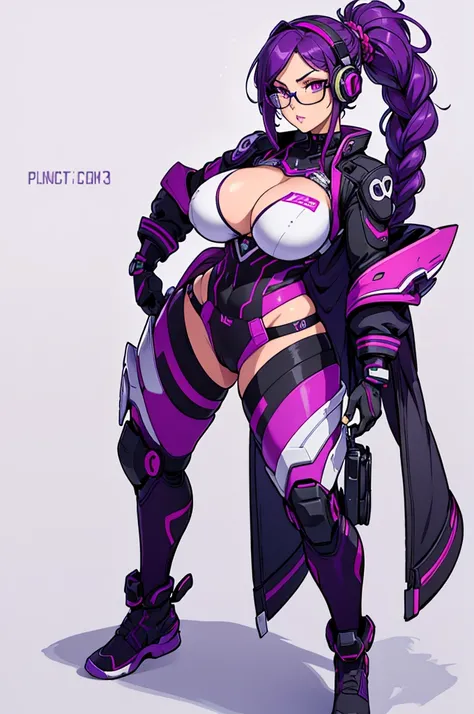 (masterpiece, best quality, high resolution,)a beautiful woman,((huge breasts)),,purple hair tied in 2 short braids,glasses,,,,purple eyes,,,pink lips, plug-in suit, purple pilot suit and black full body serious, black and purple interface headphones,((whi...