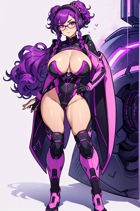 (masterpiece, best quality, high resolution,)a beautiful woman,((huge breasts)),,purple hair tied in 2 short braids,glasses,,,,purple eyes,,,pink lips, plug-in suit, purple pilot suit and black full body serious, black and purple interface headphones,((whi...