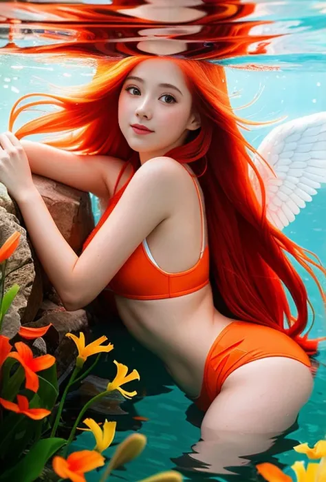 girl underwater, very long flowing red hair, Angel Wings, Orange and white lilies