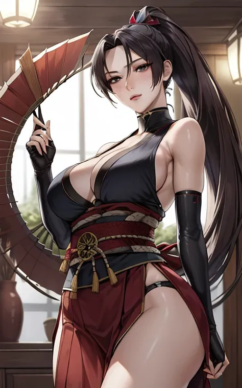 Masterpiece, exquisite, (realistic, woman alone, alone, beautiful face, slender face, beautiful eyes), (breast), thighs, long hair, ponytail, including breasts, red, shinobi, ninja, shoulder out, elbow gloves, skirt curtain, fan, fan