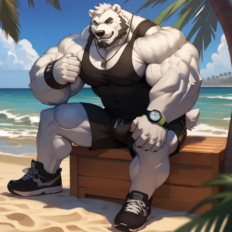 huge muscular polar bear in L.A. beach, big smile, polar bear, huge white fur, thick arm, huge arm, bearded. white hair and beard, bearded, (muscular, pectoral, wide pectoral, thick arms), beach, palm, realistic, 8k, masterpiece, deatiled eyes, (wearing bl...