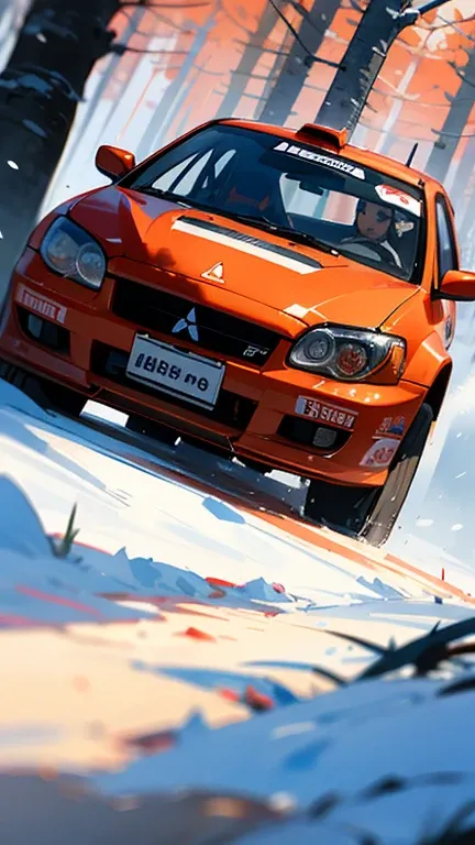 mitsubishi evo 9 in a rally race in a snowy forest at sunset

