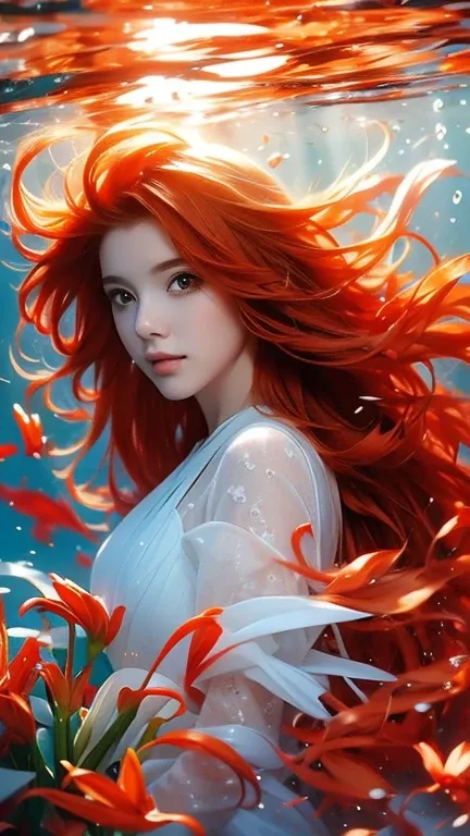 girl underwater, very long flowing red hair, angel wings, orange and white lilies