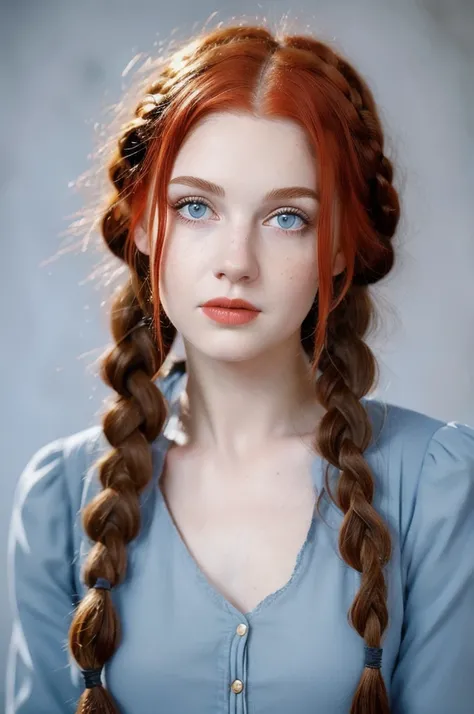 Realistic portrait of a girl with red hair in braids. , straight nose, soft facial features , many moles on the body , gray blue eyes ,clothing from the 20s of the ussr