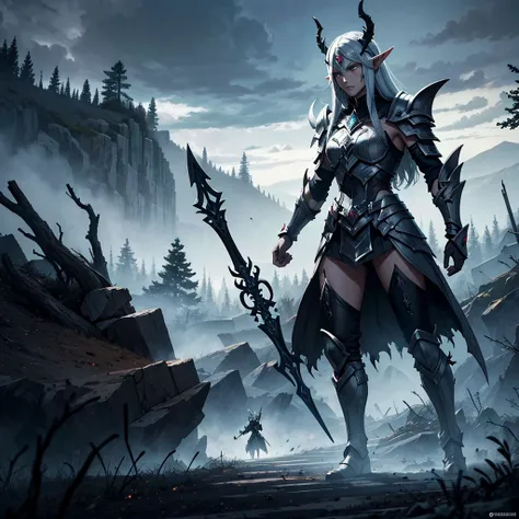 "devastated battlefield, with elves facing dark elves. Several bodies of elves and dark elves scattered across the ground, with broken weapons and damaged shields around. The scenery is bleak, with a cloudy and gray sky, destroyed trees and smoke rising fr...