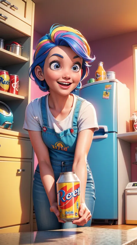 A close-up, 3D Pixar-Disney style animation showing a woman opening a refrigerator and reaching to take out a can of beer. The scene should be cheerful and colorful, with the womans expression happy and the modern kitchen setting visible in the background.