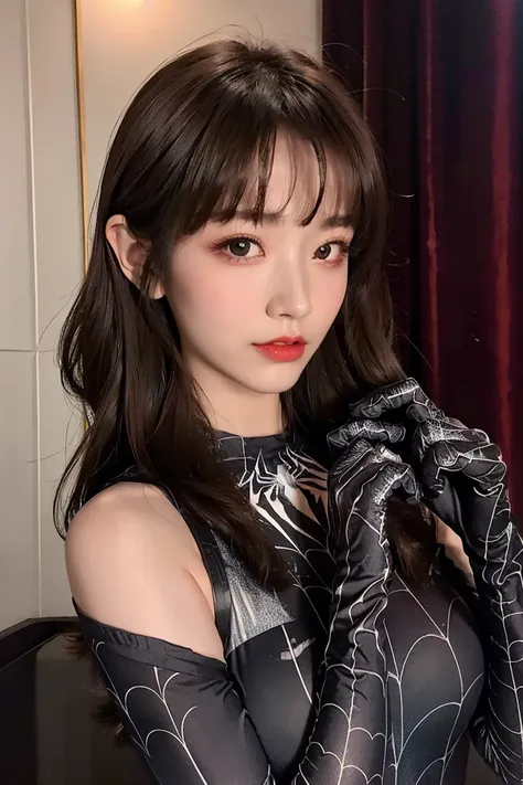 She had a sexy, dominant look on her face while wearing a black Spiderman swimsuit costume.、Realistic long-haired brunette model, 23 years old, Black satin gloves included. She has a big black satin ribbon around her neck.。.