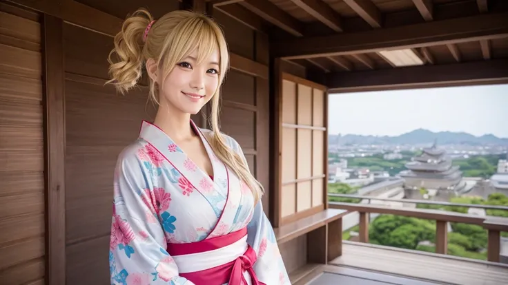 A lone courtesan broadcasts live from Himeji Castle.。Blonde ponytail。Sexy smile、front、yukata、Light clothing、Single