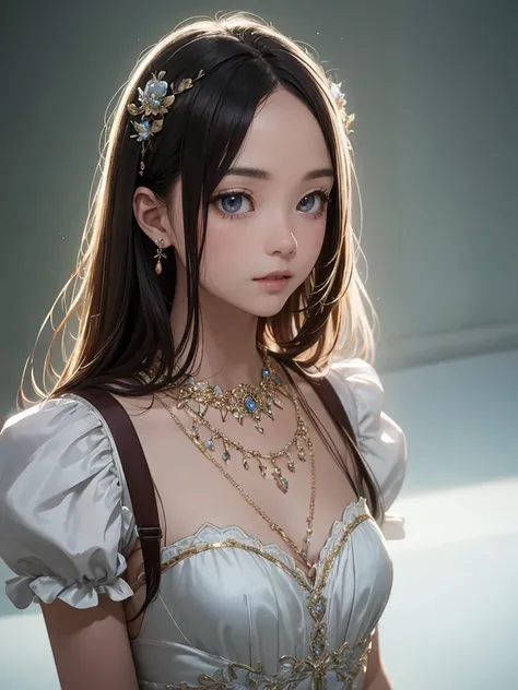 最high quality、masterpiece、High resolution、One girl、Porcelain-soft satin dress、Delicate hair accessories、Fine Necklace、Elaborate jewelry、Pretty face、Physically、Flat and thin body，Small underbust，Tyndall effect、Realistically、Shadow Studio、Edge Light、Two-colo...