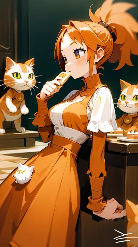 High detailed, 1 girl, werelion girl, Orange hair, busty, chunky, villager clothes, Villager Long skirt, munching, eating kitty-cakes, kitty-cakes in table, she is eating kitty-cakes 