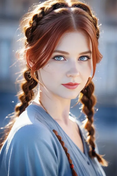 Realistic portrait of a girl with red hair in braids. , straight nose, soft facial features , many moles on the body , gray blue eyes ,clothing from the 20s of the ussr