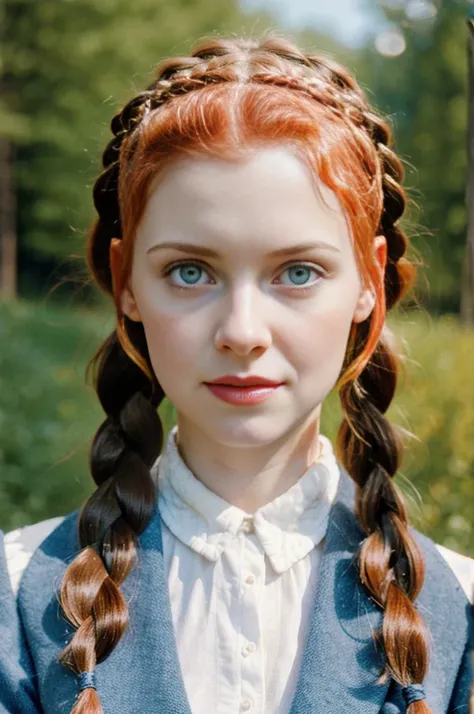 Realistic portrait of a girl with red hair in braids. , straight nose, soft facial features , many moles on the body , gray blue eyes ,clothing from the 20s of the ussr