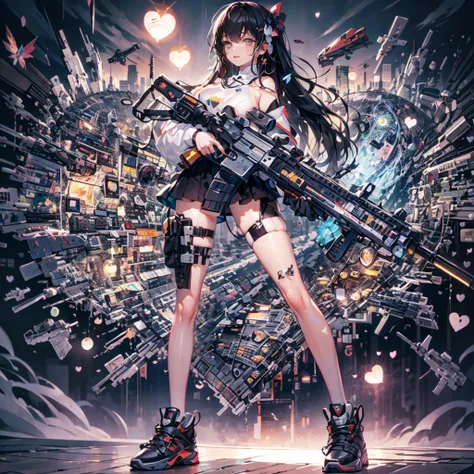 An ultra-realistic and ultra-detailed, Extra- Vibrant, (Legendary Vivid Neon Multicolored Psychedelic Masterpiece), ((It Is RAINING Outside)), ((full body portrait)), (Dynamic Angle), best quality, (Angled View), 1girl, Holding A Massive Gun, She is a Gorg...