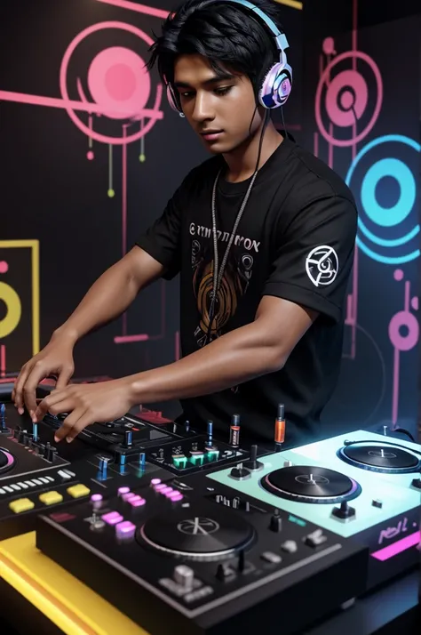 generation generation generation 3 " Laiowritten in the front, small colorful splashes of 3D drawings and music symbols, a BLACK stylish t-haired boy playing DJ with headphones, fluffy realistic DJ player surrounded by soap bubbles. Text”Nefoli Aniket”in t...