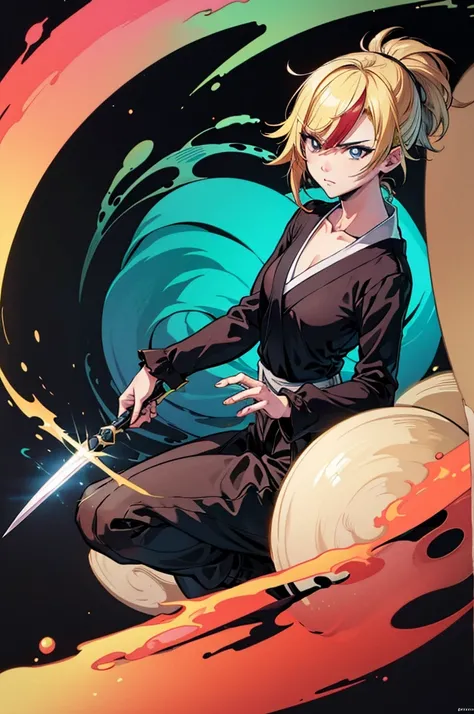 a drawing of a woman in a black outfit holding a sword, blonde, cute, inspired by Kusumi Morikage, inspired by Kanō Hōgai, inspired by Kano Sanraku, inspired by Kawabata Ryūshi, Female Samurai, Japanese anime style, anime style character