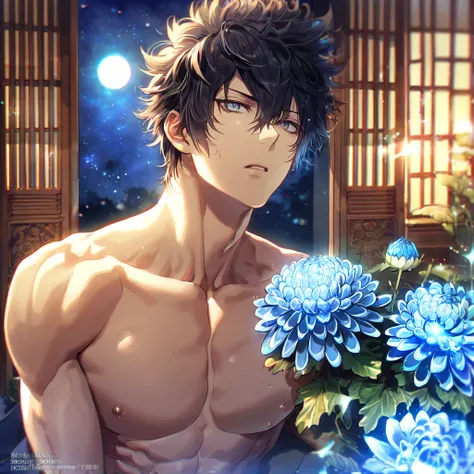 absurdres, highres, ultra detailed, HDR, master piece, best quality, extremely detailed, Kougami Shinya, black hair, expressive gray eyes, solo, sexy man, handsome, Psycho Pass, toned chest, bare chest, sensual, fantasy, room, sparkling, blue glittering fi...