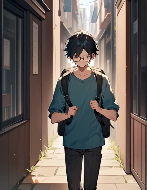 16-year-old teenage boy, long black shoulder-length hair, wearing a dark blue  and prescription glasses, wearing silver earrings, with a backpack, walking alone and with his head down