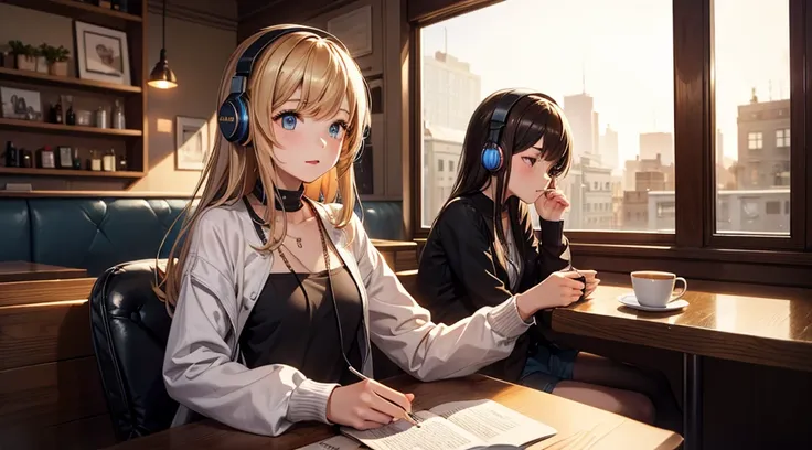 girl with headphones enjoying music in a cafe　i am studying　emphasize a little bit of the chest