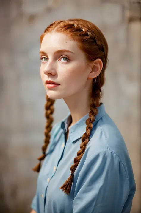 Realistic portrait of a girl with red hair in braids. , straight nose, soft facial features , many moles on the body , gray blue eyes ,clothing from the 20s of the ussr