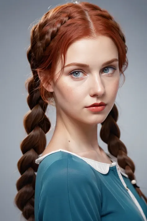 Realistic portrait of a girl with red hair in braids. , straight nose, soft facial features , many moles on the body , gray blue eyes ,clothing from the 20s of the ussr