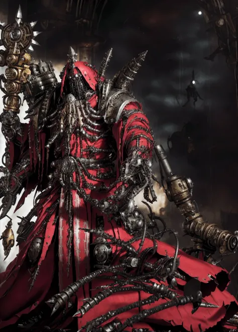 make a warhammer 40k rpg character, naughty man, adeptus mechanicus warhammer 40k, warrior monk, imponent pose, wearing battle armor, heavy armor, priestly vestment ( detailed outfit), holding a war staff, filled with implant, dark cathedral background (de...