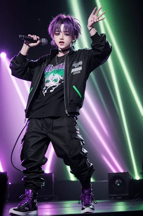 Bangchan with hair dyed purple and with green streaks at the end performing at a show with an open black jacket and a rockstar t-shirt and black cargo pants and black boots