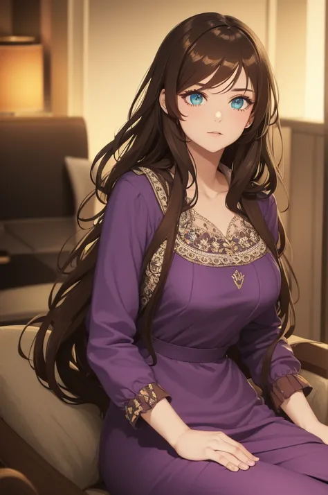 a girl with long brown hair, beautiful detailed green eyes, wearing a purple dress, a Freddy Fazzbear badge on her dress, sitting on a mans lap, the man has brown hair and blue eyes, wearing the same uniform as the girl, (best quality,4k,8k,highres,masterp...