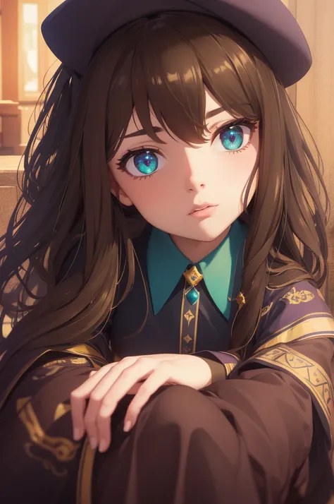 a girl with long brown hair, beautiful detailed green eyes, wearing a purple dress, a Freddy Fazzbear badge on her dress, sitting on a mans lap, the man has brown hair and blue eyes, wearing the same uniform as the girl, (best quality,4k,8k,highres,masterp...