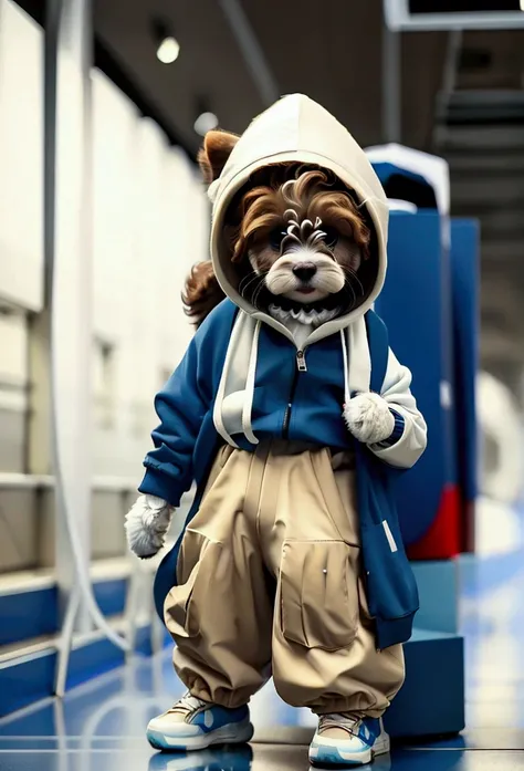 a cute brown poodle dog, Wearing a casual suit with a blue hood, White sneakers, Sad expression, Cute digital illustration art, tmasterpiece, best quality, sad cat, carrying a Palestinian flag, with a microphone beside him, Abstractionism